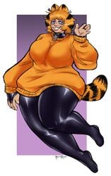 animal_ears bbw bodysuit_under_clothes bridal_gauntlets cat_tail chubby eyeshadow female garfield_(series) garfield_the_cat gijinka gothfield grin humanized large_breasts latex latex_suit roachreject rule_63 sweater teeth waving zipper