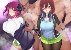 2boys 2girls big_breasts blush breasts butterfly_hair_ornament clothed_female_nude_male faceless_male female go-toubun_no_hanayome grabbing_from_behind hair_ribbon headphones huge_breasts large_breasts long_hair moni_pai nakano_miku nakano_nino open_mouth pantyhose sisters thick_thighs thighs