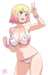 1girls bikini blonde_hair blue_eyes bowieknife female female_only gwen_poole gwenpool gwenpool_(series) marvel marvel_comics peace_sign pink_clothing smile solo solo_female superheroine tagme two_tone_hair v white_background