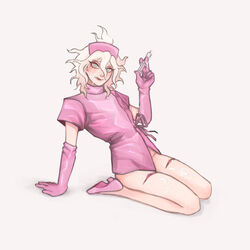 1boy cum cum_on_face cum_on_legs danganronpa danganronpa_2:_goodbye_despair femboy gloves heels licking_cum licking_lips looking_at_viewer male male_focus male_only nagito_komaeda needle nikoloft nurse nurse_cap nurse_uniform pose posing scars solo solo_focus straight_hair white_background white_hair