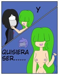 black_hair blindfold cami_(fnafhs) clothed_male clothed_male_nude_female fhs fhsz3r0 fnafhs fnafhs_z3ro fred_(fnafhs) green_eyes green_hair long_hair nude_female pale-skinned_male short_hair small_breasts spanish_text