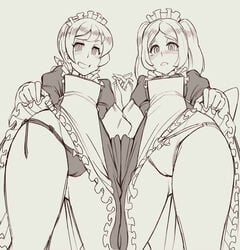 2girls bloody_marie blush cameltoe legs lifting_skirt maid multiple_girls panties peacock_(skullgirls) skullgirls standby thick_thighs