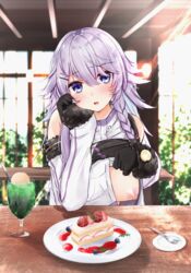 1girls big_breasts black_gloves blue_eyes blue_hair blush breasts cake date ex_idol eyebrows_visible_through_hair fork gloves idol__picture indoors light-skinned_female light_skin looking_at_viewer nijisanji nijisanji_kr nipples nun_bora oppai_challenge purple_hair solo solo_female virtual_youtuber voyeur voyeurism