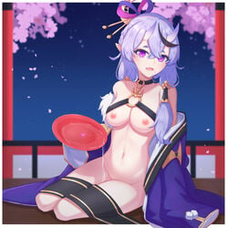 1girls big_breasts breasts demon_girl demon_horns japanese_clothes kimono naked nijisanji nipples oni oni_horns purple_eyes purple_hair rindou_mikoto tsubame0405 virtual_youtuber