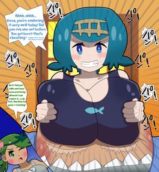 1futa 2girls action_lines alolanfirestone alternate_breast_size big_breasts blue_eyes blue_hair blush clothed_paizuri english_text female_on_futa female_only flower_in_hair futanari green_eyes green_hair gritted_teeth hair_ornament highres huge_breasts imminent_orgasm lana_(pokemon) large_breasts mallow_(pokemon) mob_face nintendo one-piece_swimsuit paizuri paizuri_under_clothes pokemon pokemon_sm pout school_swimsuit smile sound_effects swimsuit tan_skin wink