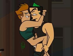 2boys anal anal_sex black_hair blue_eyes clothing duncan_(tdi) ear_piercing eyebrow_piercing gay green_eyes male male_only mohawk penis piercing stand_and_carry_position tdda19 topher_(tdi) total_drama:_pahkitew_island total_drama_island unibrow yaoi