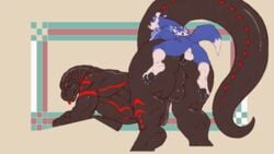 2d anal anal_sex animated anthro anthro_on_anthro anthro_penetrated anthro_penetrating anthro_penetrating_anthro ass balls biceps big_balls big_muscles big_penis big_sub_small_dom big_sub_small_top black_body black_scales blue_body blue_fur bodily_fluids canid canine canis digital_media_(artwork) dinosaur dominant duo erection fox fur furry fuzzamorous genitals gif hi_res huge_balls huge_cock humanoid_genitalia humanoid_penis hybrid larger_male larger_penetrated male male/male male_penetrated male_penetrating male_penetrating_male mammal markings muscular muscular_anthro muscular_male nik_(sonicfox) nox_(sonicfox) nude open_mouth original original_character original_characters penetration penile penile_penetration penis penis_in_ass red_markings reptile scales scalie sex short_playtime simple_background size_difference small_dom_big_sub smile theropod tongue tongue_out tyrannosaurid tyrannosaurus tyrannosaurus_rex white_body white_fur white_markings wolf