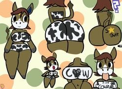 2020 animal_crossing body_writing brown_fur brown_hair cow_print curvy fellatio female_only horse hourglass_figure klutzatdusk nintendo oral paizuri skimpy tight_clothing winnie_(animal_crossing)