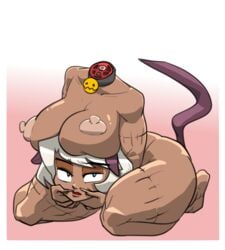 1girls barefoot catgirl dullahan feet female fried-chicken large_breasts nadia_fortune nipples nude short_hair skullgirls solo thick_thighs