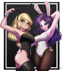 2girls applejack_(eg) applejack_(mlp) arm_behind_head armpits arms_up blonde_hair blue_eyes blush breasts bunny_ears bunnysuit equestria_girls female female_only friendship_is_magic green_eyes hasbro hat humanized long_hair looking_at_viewer my_little_pony one_eye_closed open_mouth playboy_bunny purple_hair rarity_(eg) rarity_(mlp) smile smooth_skin the-park watermark wink