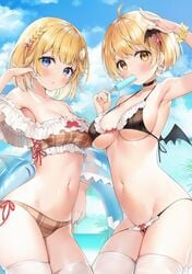 2girls ayamy beach bikini blonde_hair breasts female female_focus female_only hololive hololive_english hololive_gen_1 hololive_japan hololive_myth multiple_girls popsicle sideboob swimsuit underboob virtual_youtuber watson_amelia youtube youtuber yozora_mel