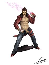 1boy black_hair erection eyewear fight_boner glasses gloves glowing_weapon jeans male male_only muscular muscular_male no_more_heroes partially_clothed pecs penis smirk solo suda_51 travis_touchdown uncut weapon weapon_over_shoulder