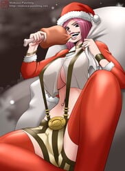 1girls aged_up armlet brown_eyes christmas eating female female_only food hotpants jewelry_bonney legwear lipstick mokusa one_piece piercing pink_hair red_thighhighs rings sitting solo spread_legs straight_hair suspenders thighhighs underboob