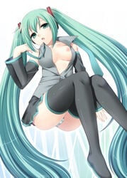 1girls aqua_eyes aqua_hair boots breasts detached_sleeves female hatsune_miku hazuki_(artist) hazuki_(etcxetc) legs long_hair looking_at_viewer nipples open_clothes open_mouth open_shirt panties shirt solo striped striped_panties thigh_boots thighhighs thighs tied_hair twintails underwear upskirt very_long_hair vocaloid