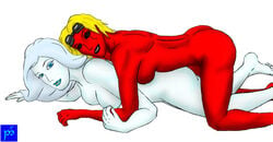 2girls ass big_breasts breasts emma_frost female girl_on_top incest large_breasts long_hair looking_at_viewer marvel marvel_comics medium_breasts milf mother mother_and_daughter multiple_girls nude red_skin ruby_summers sideboob smile straight_hair white_background white_queen white_skin x-factor x-men yuri