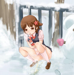 1girls 2010 2010s breasts female lass_(pokemon) lass_(pokemon_hgss) light-skinned_female light_skin long_hair nintendo npc_trainer outdoors panty_pull peeing pokemon pokemon_gsc pokemon_hgss snow urine