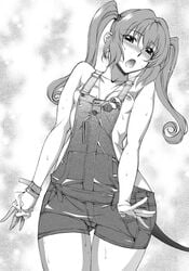 blush breasts cute_fang hanzaki_jiro hanzaki_jirou hips monochrome naked_overalls nana_asta_deviluke nipples open_mouth overalls pointy_chin sweat tail tied_hair to_love-ru twintails wide_hips