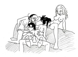 1boy 3girls black_and_white couch couch_sex cunnilingus curly_hair female foursome gary_thompson male menage_a_3 mfff_foursome sandra_arden sex sketch strap-on sucking_strap-on suzi_nielsen topknot webcomic yuki_oyama zii