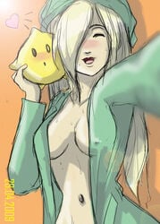 1girls blonde_hair blush breasts cleavage closed_eyes collarbone erect_nipples female hair_over_one_eye happy heart human jay_phenrix long_hair luma mario_(series) navel nintendo open_clothes pointy_chin princess_rosalina smile star straight_hair wink