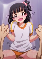 1boy bar_censor black_hair blush censored collarbone cowgirl_position cum cum_in_pussy female gym_uniform hair_bobbles hair_ornament hand_holding happy_sex heart idolmaster idolmaster_million_live! interlocked_fingers long_hair lying nakatani_iku nose_blush on_back open_mouth pov pov_eye_contact pussy pussy_juice sex shiny shiny_skin short_sleeves smile straddling straight sweat tanuki_(metaltanuki) vaginal_penetration