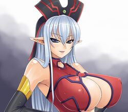 breasts center_opening cleavage elbow_gloves gloves grey_hair huge_breasts kami_koppu nipples pointy_ears ruin_queen_of_oblivion smile yu-gi-oh!