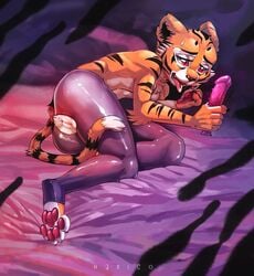 2018 anthro ass bed clothed clothing digital_media_(artwork) feline female fur lying mammal narico on_bed open_mouth presenting presenting_hindquarters pussy sex_toy solo teeth tiger tongue tongue_out