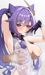 1boy 1girls armpits arms_up blush breast_grab erect_nipples ett female genshin_impact gloves groping hi_res keqing_(genshin_impact) leotard male male_hand purple_eyes purple_hair sexy_armpits sleeveless sweat sweaty_armpits twintails