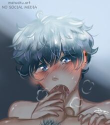 blowjob blue_eyes blue_pubic_hair blush chongyun_(genshin_impact) cum cum_in_mouth cute ear_piercing earrings eye_contact gay genital_fluids genshin_impact handjob heavy_breathing holding_legs holding_penis holding_thigh meiwaku.art messy_hair ombre_hair piercing pov pov_eye_contact pubes pubic_hair saliva shoulders sweat sweatdrop sweating xingqiu_(genshin_impact) yaoi