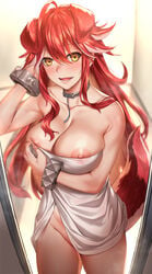 1girls animal_ears areola_slip areolae blush breasts cleavage collar deras dog_ears dog_tail female fenrir_(last_origin) heart-shaped_pupils highres large_breasts last_origin long_hair looking_at_viewer nipples open_mouth red_hair smile solo standing tail towel yellow_eyes