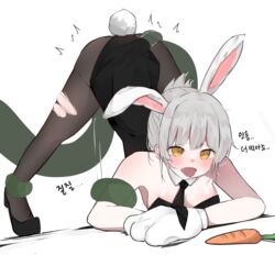 1girls ass ass_up battle_bunny_riven blush breasts bunny_ears bunnysuit clothed league_of_legends open_mouth riven short_hair simple_background slime syeli text tongue_out translation_request white_hair yellow_eyes