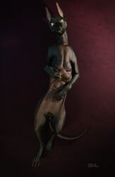 3d_(artwork) anatomically_correct anatomically_correct_genitalia anatomically_correct_pussy ani_(cosmiclife) animal_genitalia anthro ass breasts canid canine canis claws cosmiclife digital_media_(artwork) domestic_dog ears_up egyptian female feral genitals gold hairless hi_res lying mammal multi_breast multi_nipple nipples nude on_back pinup pose presenting pussy quadruped simple_background solo