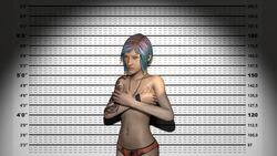 3d blue_hair casual chloe_price female hand_on_breast human life_is_strange neckwear pale_skin panties police_lineup police_station public tattoo topless tryyyyyying underwear wristwear