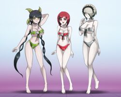 3girls big_breasts breasts chabashira_tenko danganronpa danganronpa_v3 hair_ornament hairband hairbow hairclip harem_outfit lingerie long_hair looking_at_viewer mind_control multiple_girls pale-skinned_female pale_skin pose posing red_hair shinzu031 short_hair smile smiling smiling_at_viewer smooth_skin toujou_kirumi twintails yumeno_himiko