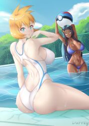 2girls aged_up ass big_ass big_breasts bikini blue_eyes breasts dufreyjupiter female female_only kasumi_(pokemon) long_hair looking_at_viewer looking_back misty_(pokemon) misty_(pokemon_hgss) multiple_girls nessa_(pokemon) nintendo orange_hair pokemon pokemon_gsc pokemon_hgss pokemon_ss pool short_hair sitting swimsuit thick_thighs thighs two_tone_hair