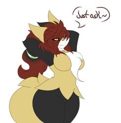 anthro breasts delphox dewwydartz female game_freak hourglass_figure looking_at_viewer maddie(dewwydartz) nintendo pokémon_(species) pokemon pokemon_(species) pokemon_hybrid posing solo solo_female stretching thick_thighs white_background yellow_eyes zoroark