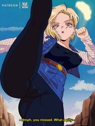 1girls android_18 attacking_viewer blonde_hair bluethebone cameltoe clothing dialogue dragon_ball dragon_ball_z english_text female female_only grey_eyes hi_res leg_up looking_at_viewer medium_hair nipple_bulge retro_artstyle shounen_jump sky solo solo_female