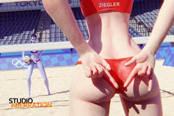 2girls 3d 3d_(artwork) abs ass ass_focus athletic athletic_female back beach_ball belly belly_button bikini blizzard_entertainment blue_skin bubble_butt female female_focus female_only hand_behind_back hi_res mercy muscular muscular_female overwatch sand sport sports_bra sports_uniform sportswear studioaberration swimsuit swimwear tattoo volleyball volleyball_net volleyball_uniform widowmaker