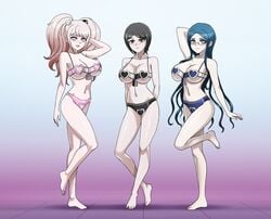 3girls big_breasts black_hair blue_eyes breasts danganronpa danganronpa:_trigger_happy_havoc danganronpa_3 danganronpa_v3 female_only harem_outfit heart-shaped_pupils junko_enoshima lingerie looking_at_viewer mind_control mukuro_ikusaba multiple_girls pale-skinned_female pale_skin pink_hair pose posing shinzu031 shirogane_tsumugi smiling_at_viewer smooth_skin twintails