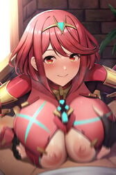 1boy 1girls absurdres bangs black_gloves blush breast_squeeze breasts chest_jewel closed_mouth earrings female fingerless_gloves fou_zi gloves highres huge_breasts jewelry looking_at_viewer nipples paintcan paizuri pyra red_eyes red_hair short_hair sidelocks smile straight swept_bangs tiara xenoblade_(series) xenoblade_chronicles_2