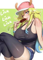 1girls :p black_thighhighs blue_highlights crossed_legs dragon_girl dragon_horns female female_only green_hair hat horns ice_cream licking_ice_cream long_hair looking_at_viewer lucoa miss_kobayashi's_dragon_maid multicolored_eyes nia_(nia4294) quetzalcoatl_(dragon_maid) shorts solo solo_female tank_top thighhighs very_high_resolution wink