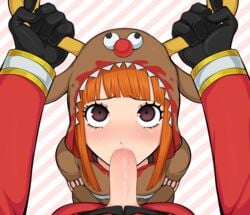 1boy 1girls afrobull atlus christmas clothed_sex faceless_male fellatio female light-skinned_female light-skinned_male light_skin male male_pov penis persona persona_5 pov reindeer_costume rudolph_the_red_nosed_reindeer_(cosplay) sakura_futaba source_request tagme uncensored