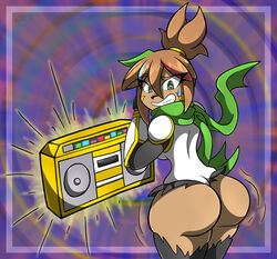 ass ass_expansion body_control boombox brown_hair butt_expansion dark-skinned_female female female_only gold_boombox_(prevence) green_eyes kiroxiii looking_back ninja oc rika_dimensional_ninja scarf sweatdrop thick_thighs torn_clothes twerk_hypnosis twerking unusual_pupils