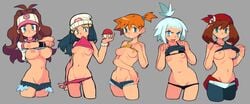 5girls areolae bad_censor bandana beanie belly_button blue_eyes blue_hair blush bonbonbonbon breasts breasts_exposed breasts_out breasts_out_of_clothes brown_hair censored covering covering_crotch dawn_(pokemon) embarrassed exposed_breasts female female_only flashing flashing_breasts game_freak ginger green_eyes hat hilda_(pokemon) human kasumi_(pokemon) large_breasts lineup long_hair looking_at_viewer may_(pokemon) medium_breasts nervous nintendo nipples only_female orange_hair pale_skin panties pants pants_down pink_panties pokeball pokemon pokemon_bw pokemon_bw2 pokemon_dppt pokemon_rgby pokemon_rse ponytail red_bandana red_hair roxie_(pokemon) shirt shirt_lift shirt_up shorts slammo small_breasts sweat sweating take_your_pick tank_top thighs tied_hair tomboy topwear undressing unzipped unzipped_pants white_hair yellow_topwear