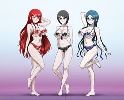 3girls bangs big_breasts black_eyes black_hair blue_eyes blue_hair breasts danganronpa danganronpa_3 danganronpa_v3 danganronpa_zero female_only fringe full_body harem_outfit heart-shaped_pupils junko_enoshima lingerie looking_at_viewer mind_control mukuro_ikusaba pale-skinned_female pale_skin pose posing red_eyes red_hair ryoko_otonashi shinzu031 shirogane_tsumugi short_hair smile smiling smiling_at_viewer straight_hair