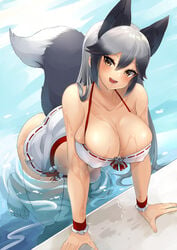 absurdres animal_ears arm_support barefoot big_breasts bikini breasts cleavage fox_ears fox_girl fox_tail grey_hair highres huge_breasts kemono_friends leaning_forward long_hair looking_at_viewer mapuri4649 multicolored_hair open_mouth partially_submerged poolside sidelocks silver_fox_(kemono_friends) smile solo swimsuit tail water wet