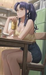 1girls 2020s 2021 absurd_res absurdres alcohol beer beer_can belt blush breasts brown_belt brown_eyes can chair cleavage clothed clothes clothing cup_ramen cupboards daisy_dukes denim_shorts ecstasy elbow_rest female_focus female_only female_solo finger_on_chin hi_res high_resolution highres indoors kitchen large_breasts legs_together long_hair manga messy_hair microwave milf misato_katsuragi navy_blue_bottomwear neon_genesis_evangelion older_female pinup ponytail purple_hair shiny_breasts shiny_hair shiny_skin short_shorts shorts side_view sitting sitting_on_chair smile smiling solo solo_female table tank_top tied_hair tomboy topwear wooden_chair wooden_table worm's-eye_view yellow_topwear yohan1754