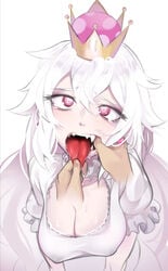 boosette breasts cleavage digital_media_(artwork) dress drooling ear_piercing earrings eyelashes eyeliner fangs female femsub finger_in_mouth holding_tongue kid_(artist) long_tongue looking_at_viewer mario_(series) new_super_mario_bros._u_deluxe open_mouth pink_eyes pov pulling_tongue saliva saliva_drip sharp_teeth simple_background solo_female solo_focus super_crown tears tongue_grab tongue_out tongue_pull white_background white_dress white_hair