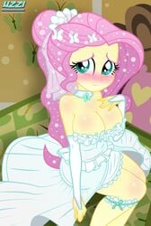 1girls accurate_art_style bedroom big_breasts blush breasts butterfly_hair_ornament cleavage equestria_girls female fluttershy_(eg) fluttershy_(mlp) friendship_is_magic hasbro looking_at_viewer my_little_pony sitting smiling solo solo_female straight_hair tagme uzzi-ponydubberx wedding_dress