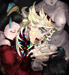 1boy 3girls aitanso bad_id blonde_hair corpse creepy death decapitation demon demon_boy demon_slayer douma fangs female female_death french_kiss geisha gore gross guro holding_head kimetsu_no_yaiba kissing male necrophilia nude_female open_mouth rainbow_eyes sharp_fingernails sparkles spiky_hair tongue_out what