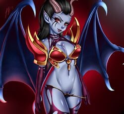 2015 akasha_the_queen_of_pain armor black_hair blue_body blue_skin breasts cleavage clothed clothing demon digital_media_(artwork) doomthewolf dota dota_2 english_text female genitals hair half-closed_eyes hi_res horn humanoid markings membrane_(anatomy) membranous_wings narrowed_eyes navel not_furry pubes pussy queen_of_pain red_background red_eyes simple_background smile solo succubus succubus_horns succubus_wings text unconvincing_armor undressing video_games wings